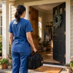 Pflegekraft eines ambulanten Pflegedienstes an einer Haustür