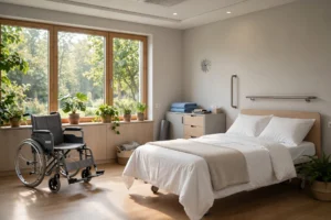 Heller Rehabilitationsraum mit Rollstuhl an einem großen Fenster