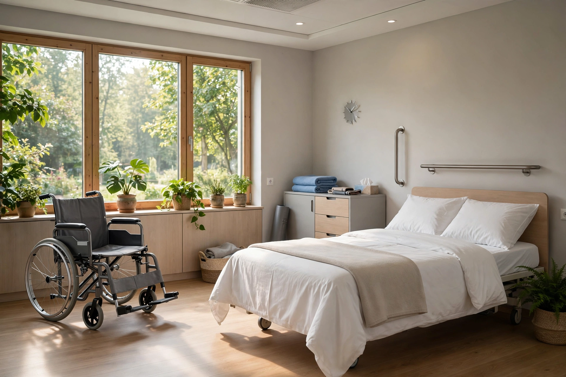 Heller Rehabilitationsraum mit Rollstuhl an einem großen Fenster