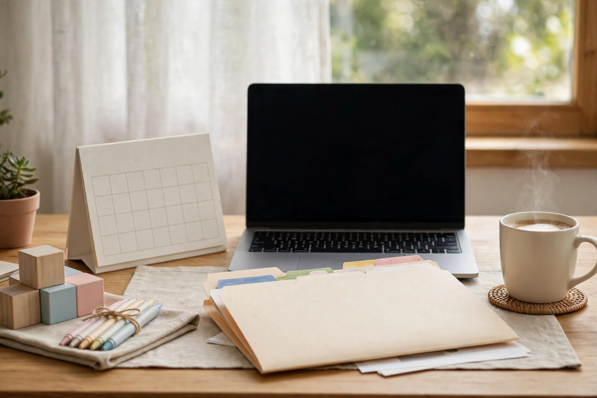 Schreibtisch mit Laptop, Kalender und Pflegeordner