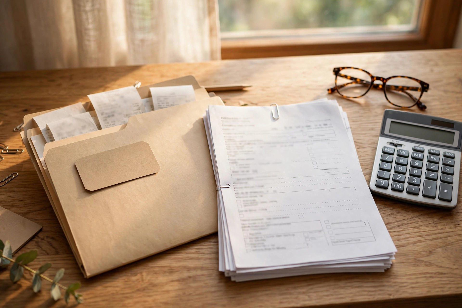 Schreibtisch mit Unterlagen, Taschenrechner und Lesebrille zur Steuererklaerung von Pflegekosten
