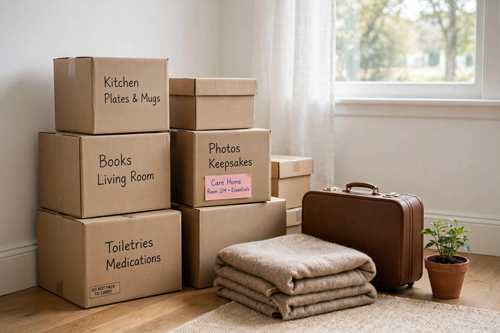Gepackte Umzugskartons, Wolldecke und Koffer in einem hellen Wohnzimmer